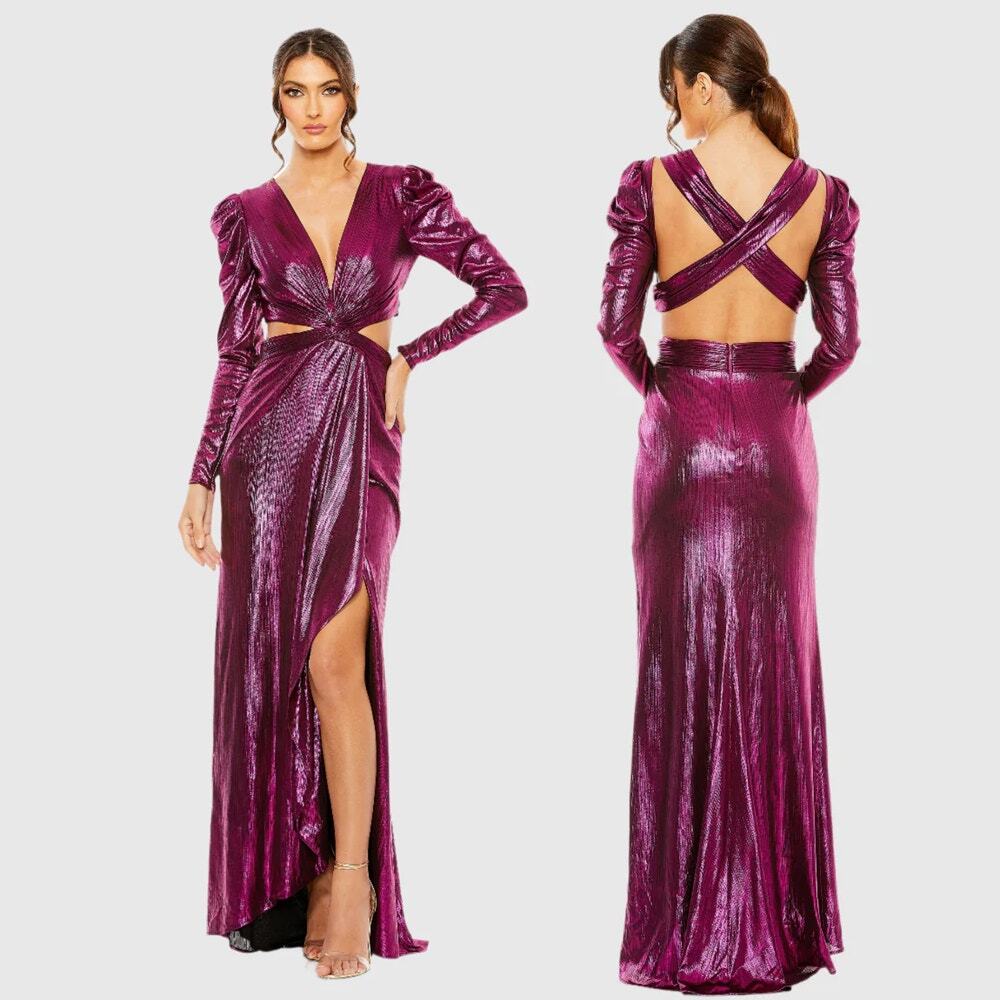 NWT Ieena for Mac Duggal Purple Princess Sleeve Cut Out Metallic Gown Size 4